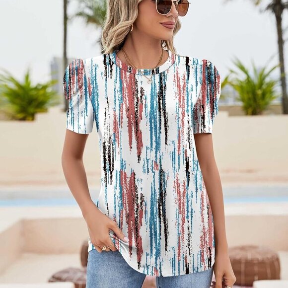 Puff Short Sleeve Shirt for Women Eyelet Tops Summer Crewneck Blouse Loose Fit S - Picture 2 of 6